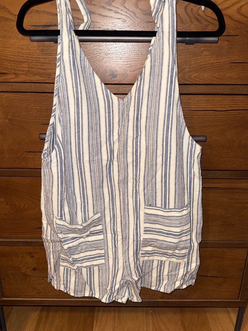 Striped Blue & White V-Neck Romper with Front Pockets